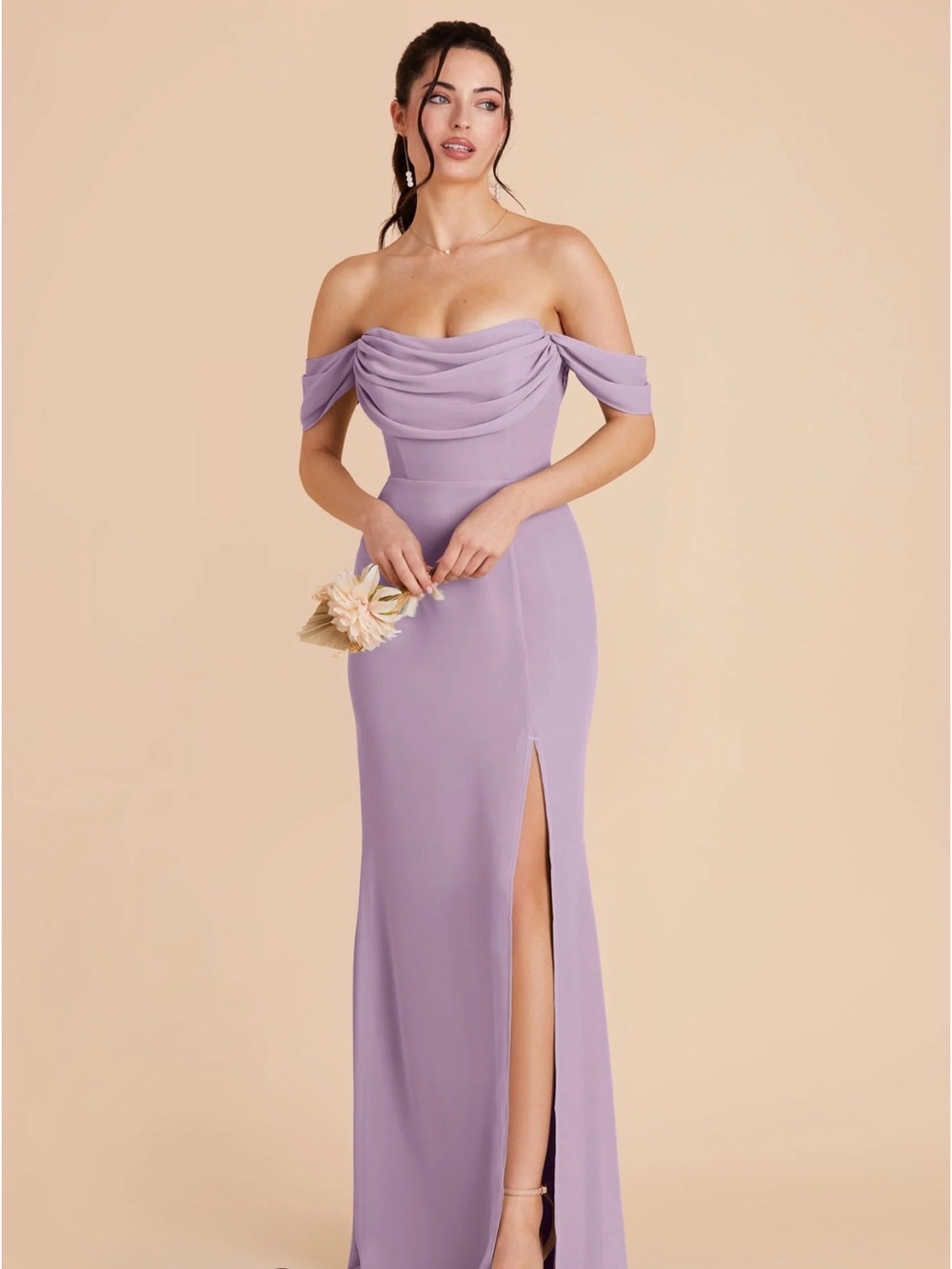 Off-Shoulder Buddy Grey Lavender Evening Gown with Side Slit